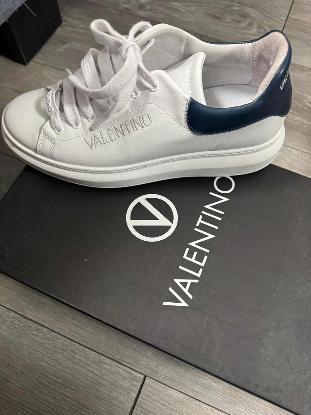 Valentino White Leather Sneakers with Navy Heel Tab